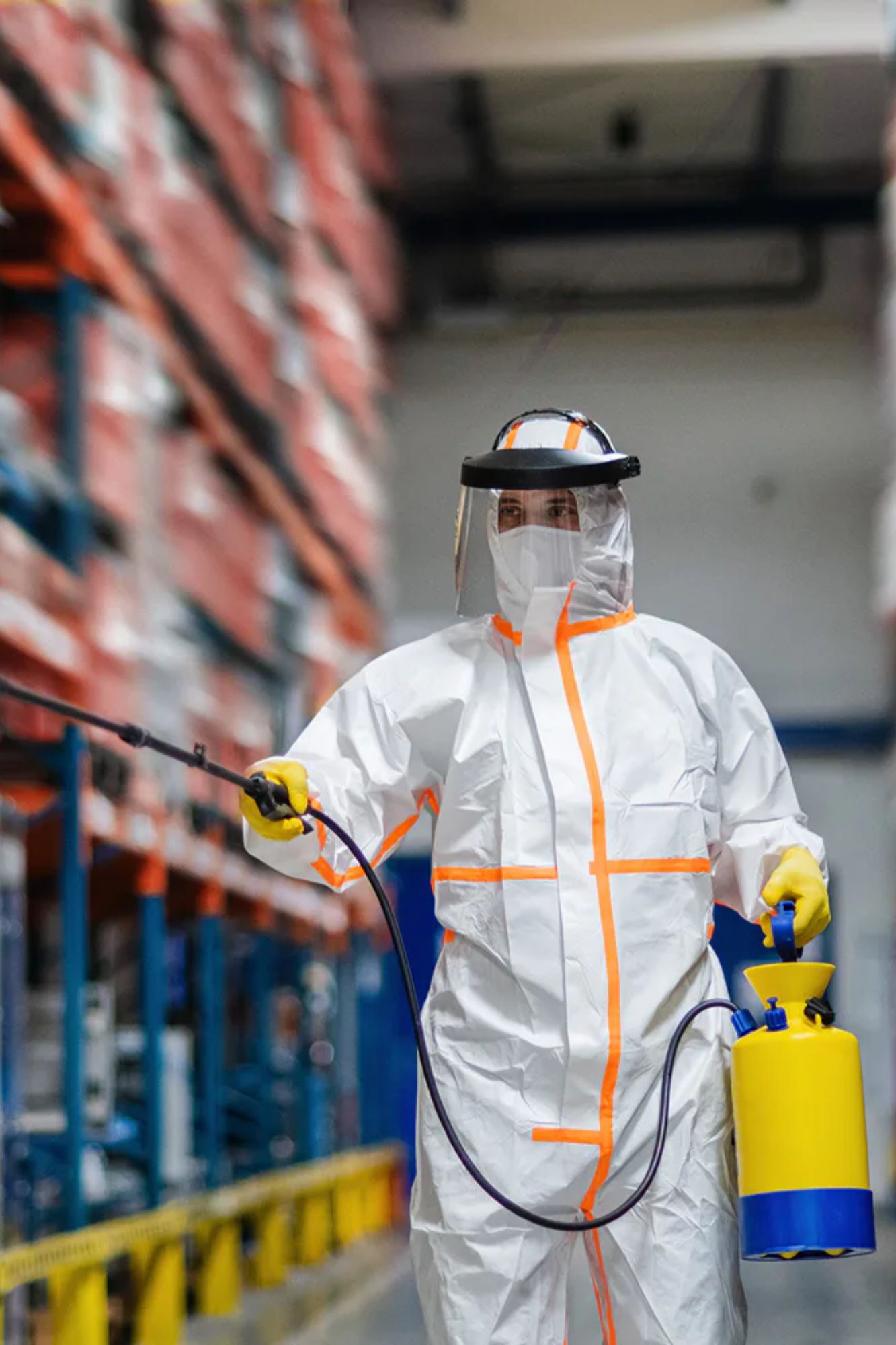 A man wearing a white protective suit sprays pest control solution inside a warehouse in Springfield, IL.
